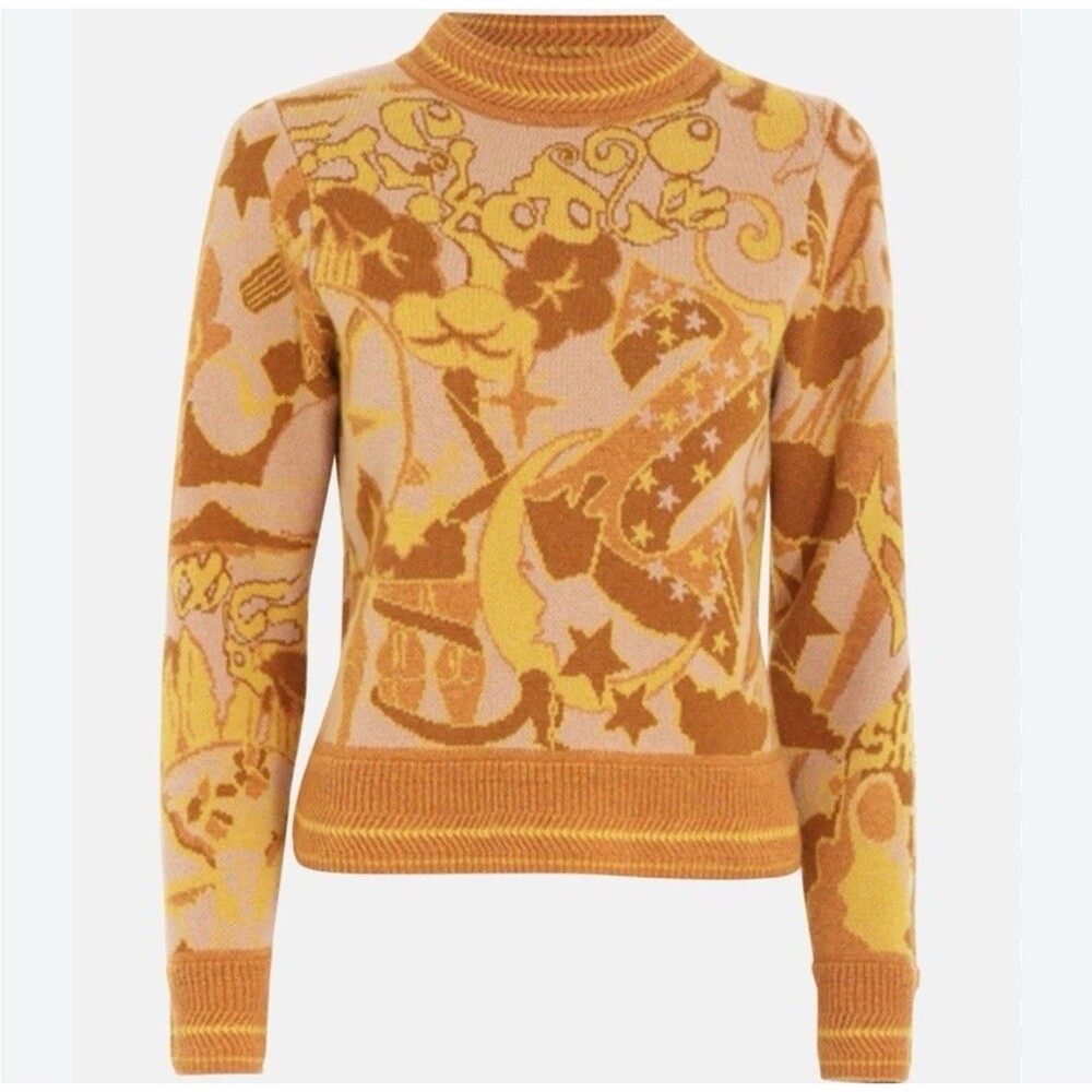 Zimmermann Concert Jacquard Crewneck Gold Sweater Merino Wool Size 0 Au